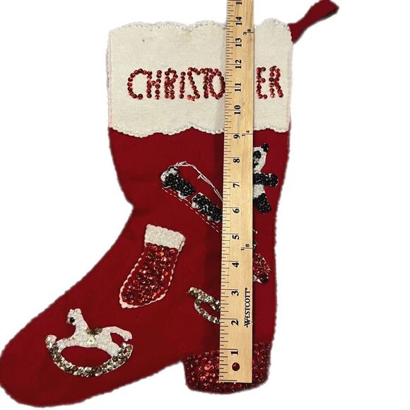 Vintage Christmas Stocking with the name Christopher Felt and Sequins. Handmade - Picture 6 of 8